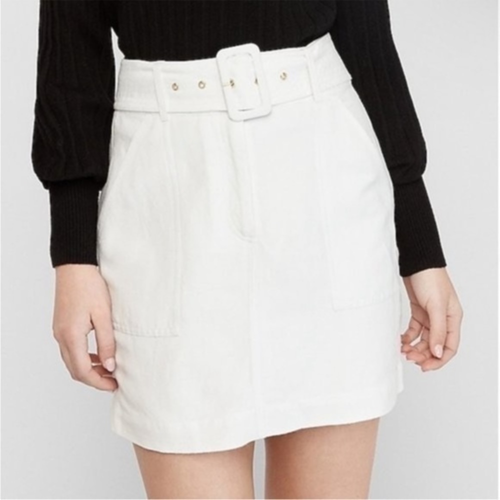 Express White Linen Blend Belted Mini Skirt